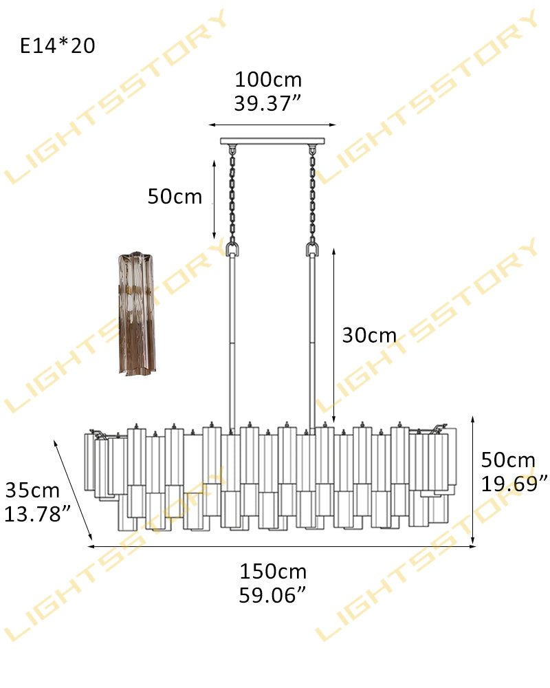 Art Unique Linear Large Murano Layered Glass Tubes Chandelier Aged Brass/Black Metal Frame