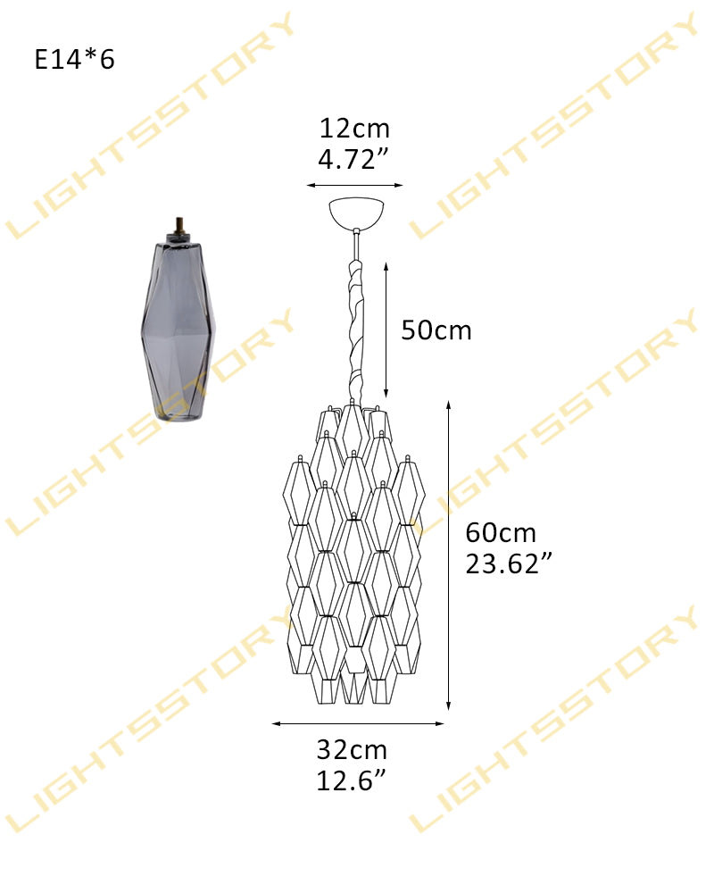 6 lights Hand-blown Murano Colorful Glass Interior Small Pendant Lights Wide 12" Height 24" 6-light-D32*H60CM D12.6"*H23.62" Modern Pendant lamp