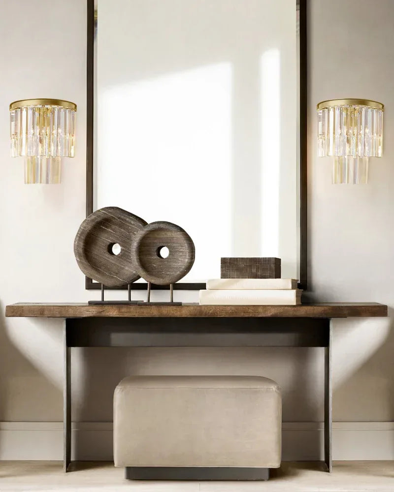 Elegant Modern Crystal Wall Sconce | 13" Dia 2-Tier Dimming Wall Light Fixture | Black Brass Flush Mounted Wall Sconce Lamp