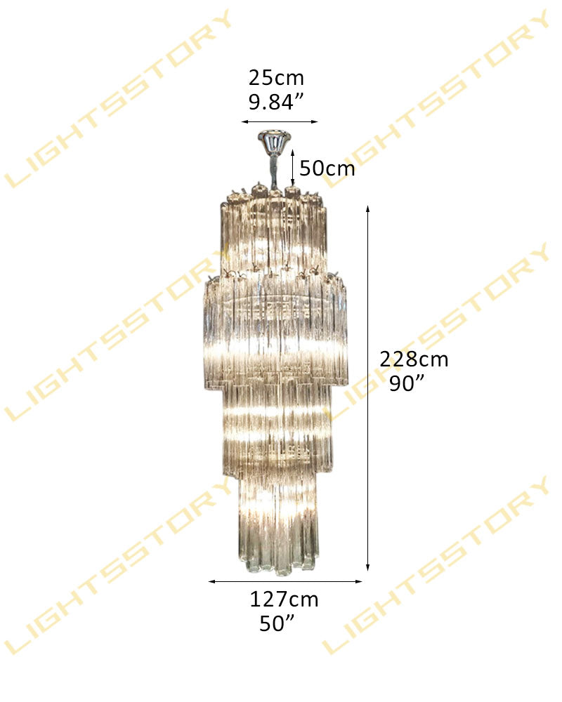 Cortina Series Cascading Chandelier | Multi-tiered Fluted Glass Handcrafted fluted clear Murano-inspired glass tubes, Satin Brass and Chrome for Grand entrances and dining rooms - LightsStory Chandeliers & Crystal Lighting - USA