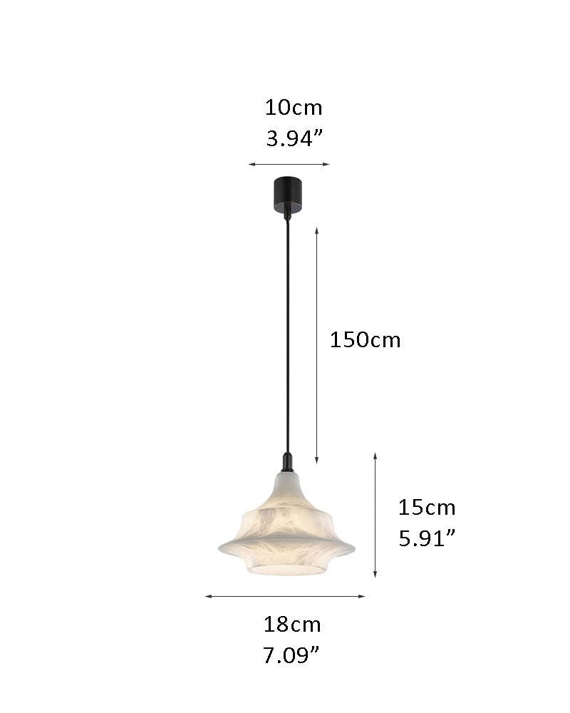 Dimensions of a white alabaster pendant lamp: 10cm diameter, 150cm height.
