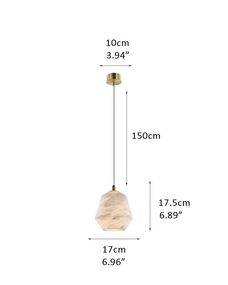 Geometric white alabaster pendant lamp with brass top; dimensions: 10cm x 150cm.