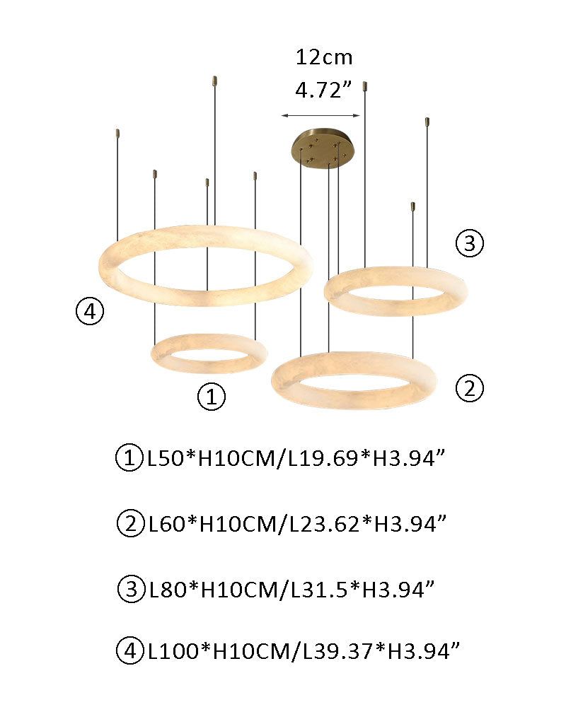 Vintage alabaster LED pendant light size chart with multiple dimensions.