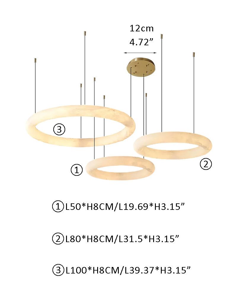 Dimensions of three slim marble ring LED pendant lights with gold accents