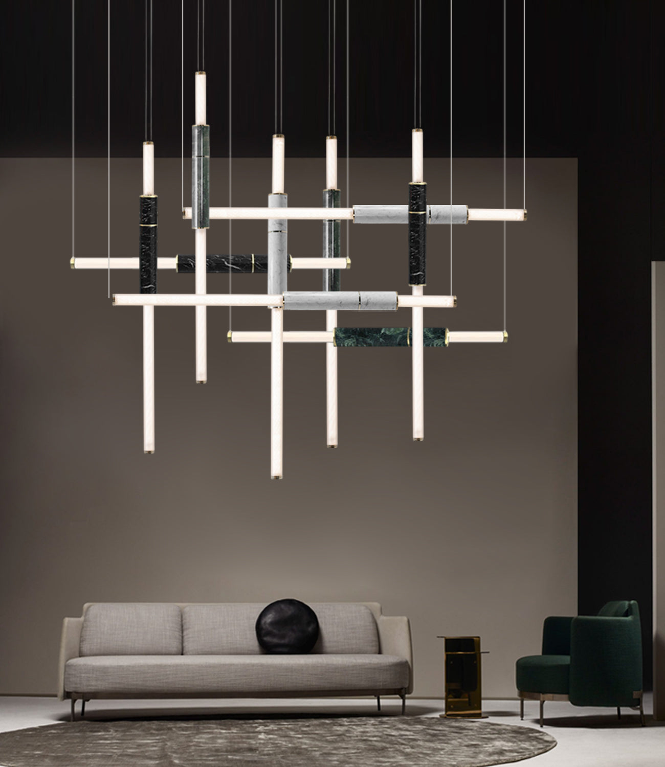 Three Pipe Linear Pendant Lamp in green/white/black marble