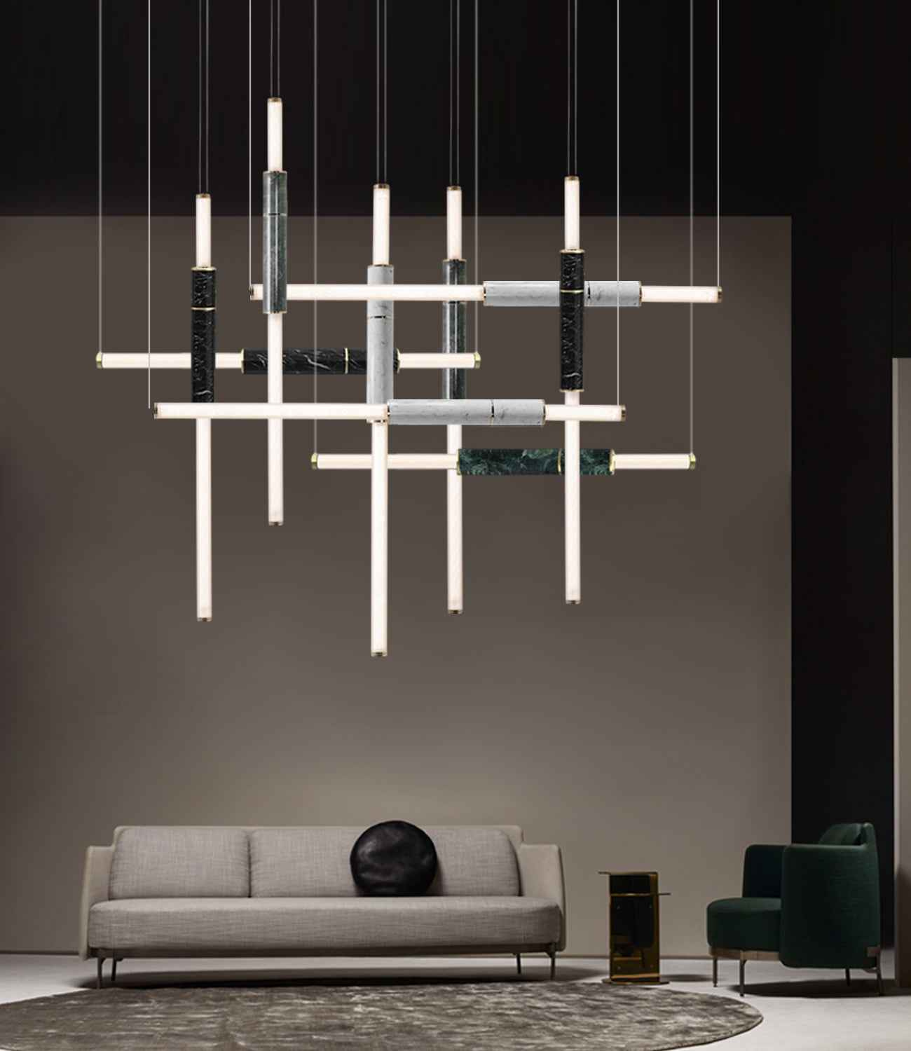 Three Pipe Linear Pendant Lamp in green/white/black marble