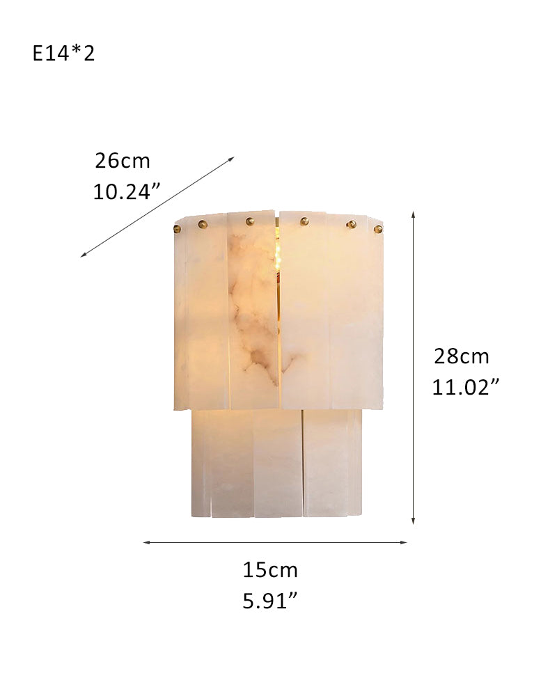 Marble 2-layer wall light with brass accents, dimensions 26cm x 15cm x 28cm.