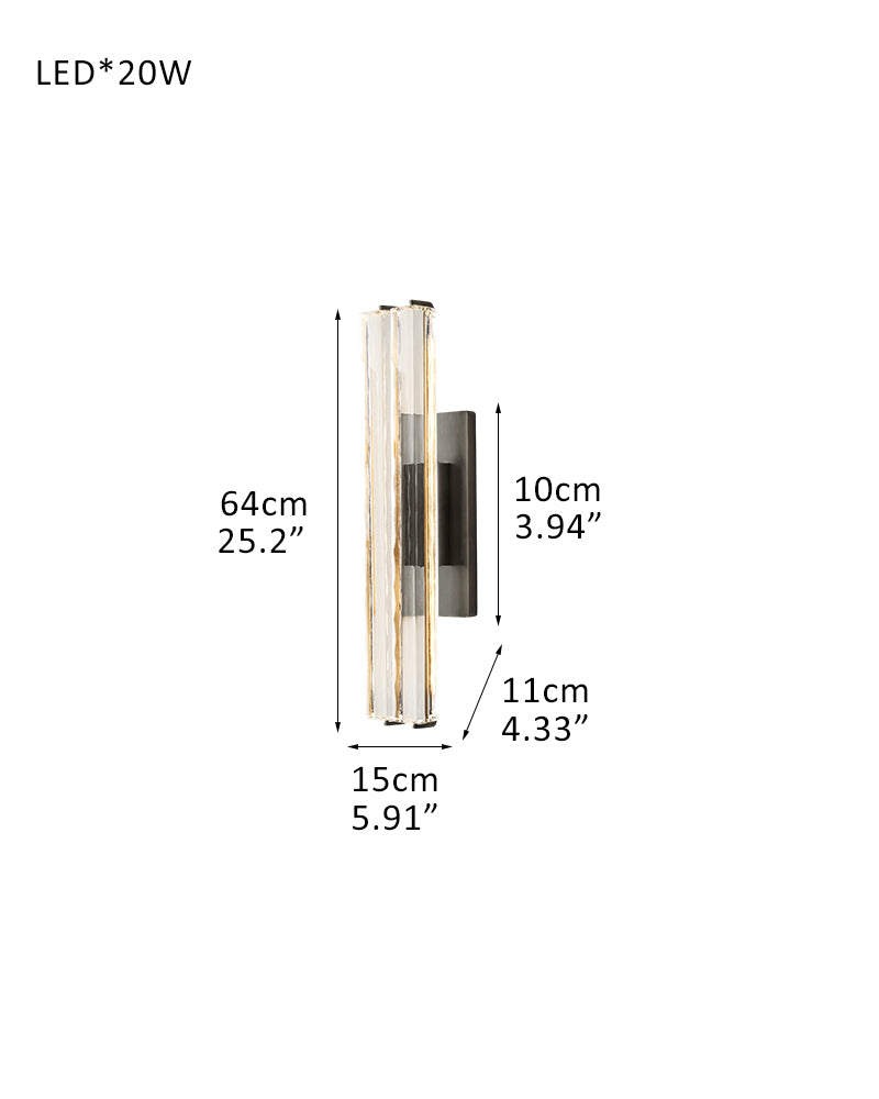 Valence K9 Crystal Fluted Tube Wall Sconce - Serene Black & Brass Trim -Single & Double Crystal Tubes