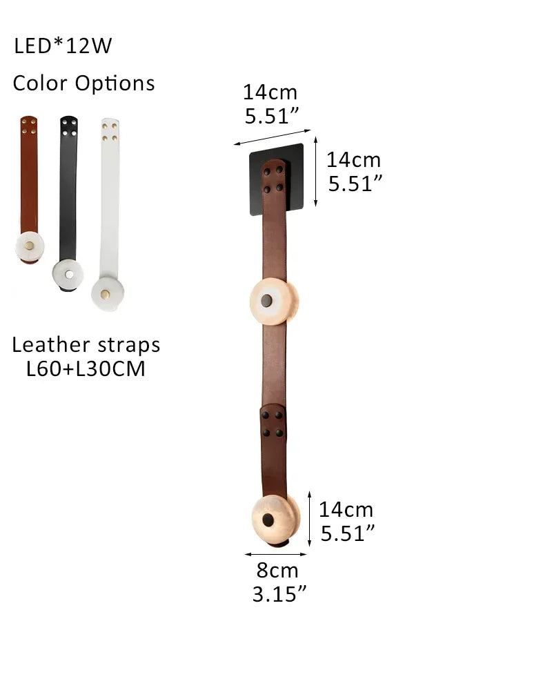 Modern Brass LED Alabaster Snaps Wall Sconce with Leather straps in Brown/Black/White Finish W-L8*W14*H68CM L3"*W5.5"*H26.8"(2-light) Brass Aged Wall Sconces