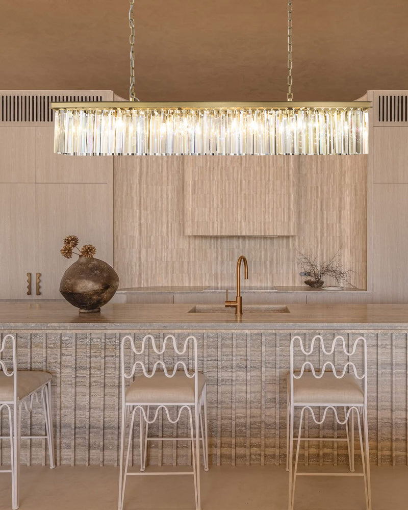 Deauville K9 Crystal Multi Tiered Crystal Prism Rod Linear Chandelier - K9 Crystal, Lux Gold Trim - Kitchen Islands & Dining Rooms