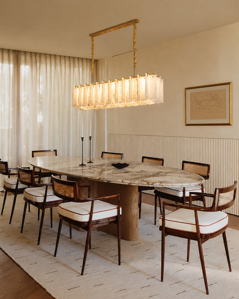 Alabaster Fluted Panel Linear Canopy Chandelier - Natural Spanish Alabaster, Heritage Brass Trim - Kitchen Islands & Dining Rooms