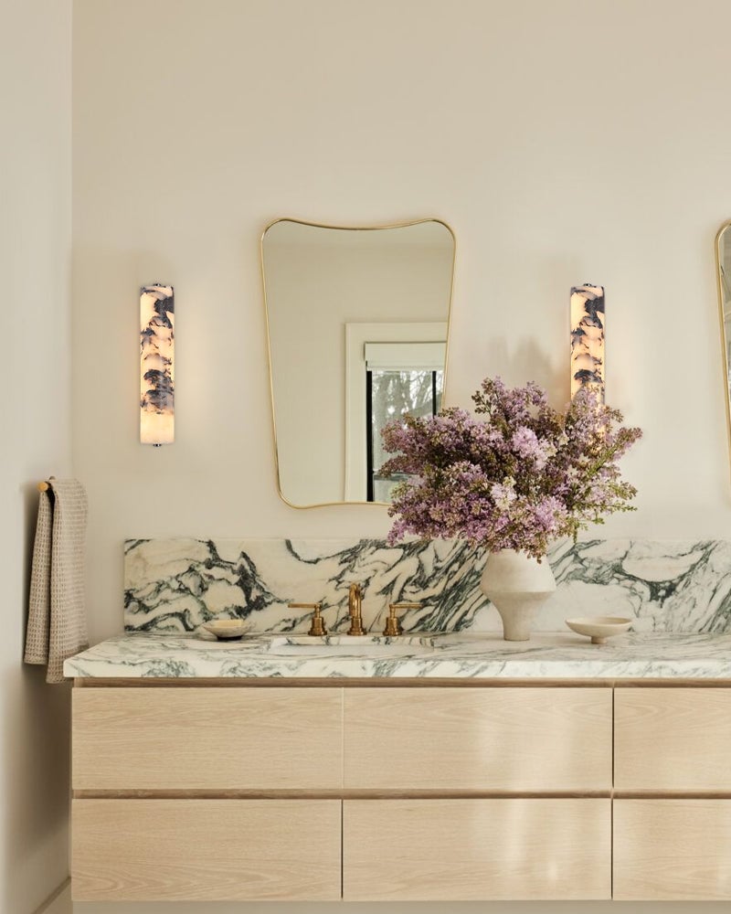 Adrian Series Geometric Wall Sconce | Cylindrical Nature Texture Natural black marble with unique veining and brass metal, Frosted Black and Brass finish for Bedrooms, living rooms, and hallways Modern Art Design Wall Lamp