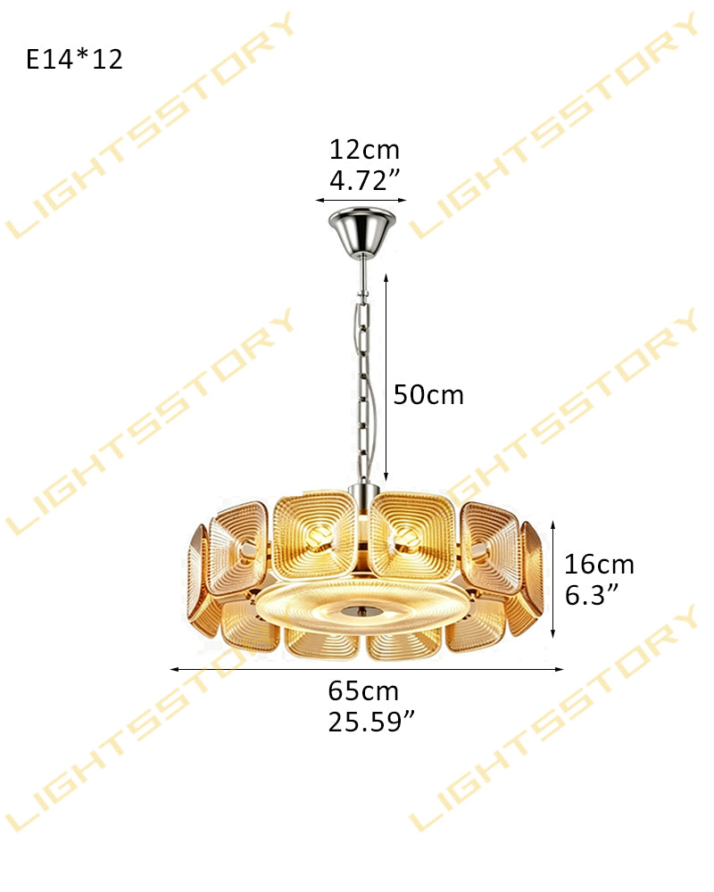 Ghiaccio Amber Glass Tinted Disc Halo Drum Chandelier - Artisanal Glass, Lux Gold Trim - Living Rooms, Bedrooms, Dining Rooms