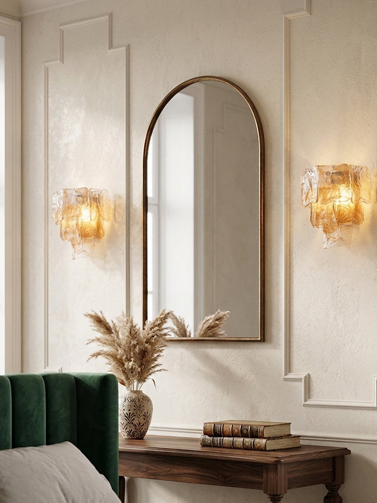 Murano Glass Amber Tiered Ghiaccio Wall Light Sconce - Flush Mount, Lux Brass Trim - Dining Rooms & Living Rooms