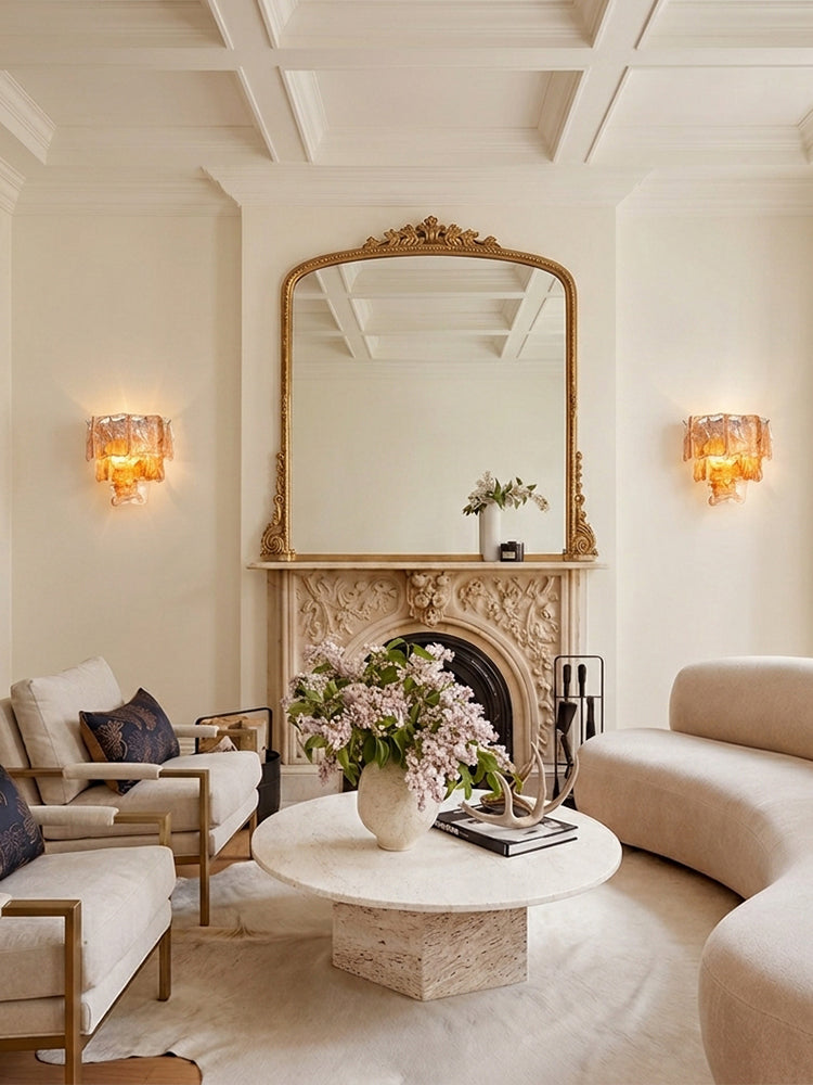 Murano Glass Amber Tiered Ghiaccio Wall Light Sconce - Flush Mount, Lux Brass Trim - Dining Rooms & Living Rooms