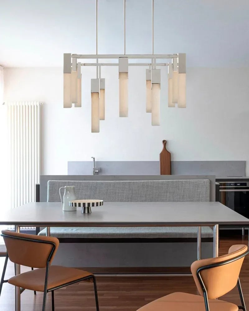 Annecy Series Ethereal Chandelier | Linear Carved Natural Alabaster with Iron Accents, Antique Black finish for Dining Rooms and Kitchen Islands American chandelier