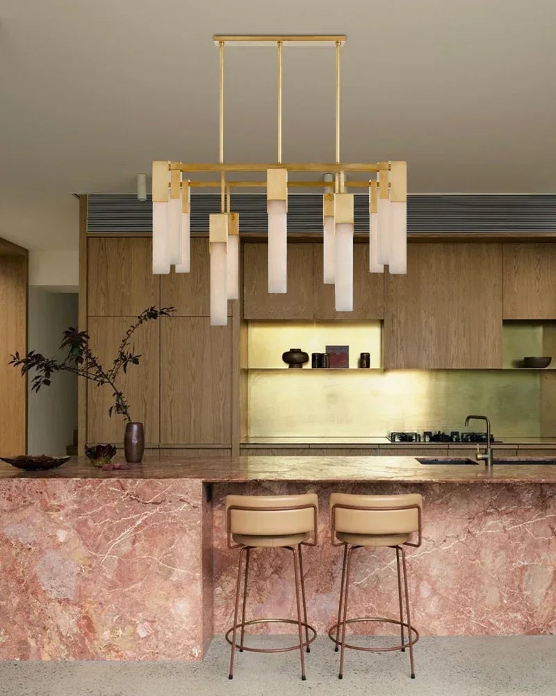 Annecy Series Ethereal Chandelier | Linear Carved Natural Alabaster with Iron Accents, Antique Black finish for Dining Rooms and Kitchen Islands American chandelier