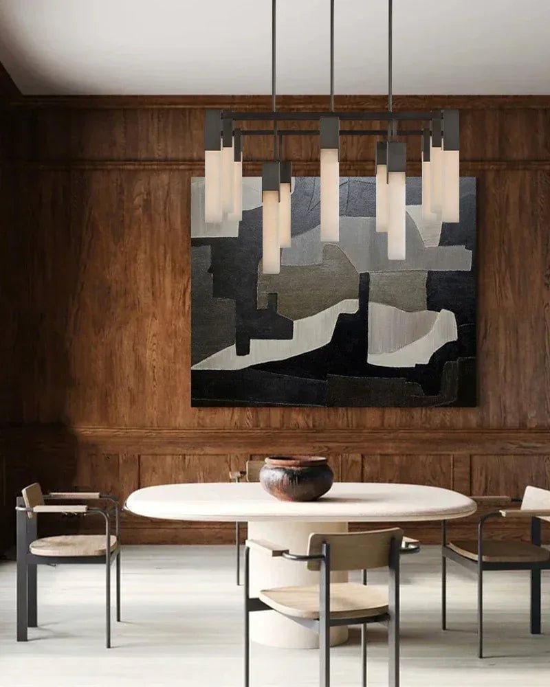 Annecy Series Geometric Chandelier | Square Carved premium vein-rich natural alabaster, Antique Burnished Brass, Black, and Silver for Modern Dining Rooms and Living Spaces American chandelier