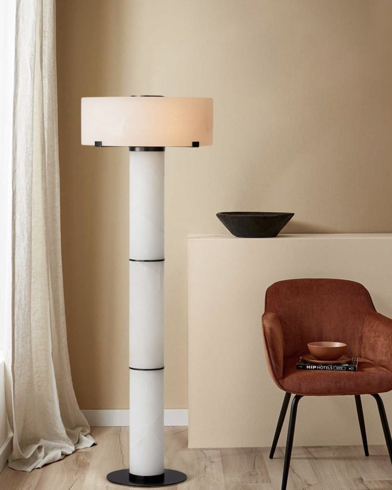 Ascot Series Prismatic Floor Lamp | Monolithic Alabaster Column Carved Natural Alabaster and Polished Nickel Steel, Polished Nickel finish for Grand entryways, dining rooms, and contemporary living spaces Modern Art Design Floor Lamp