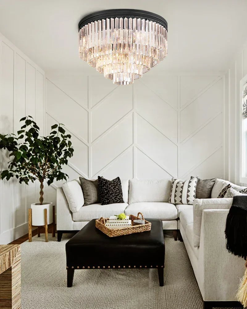 Aurelia Series Prismatic Drum Chandelier | Triple Tier K9 Crystal Pure K9 crystal strips, Premium Gold finish for Grand Foyers and Dining Rooms Flush Mounted Ceiling Lamp
