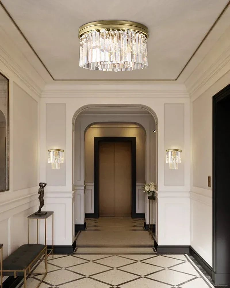 Aurelia Series Prismatic Drum Chandelier | Triple Tier K9 Crystal Pure K9 crystal strips, Premium Gold finish for Grand Foyers and Dining Rooms Flush Mounted Ceiling Lamp