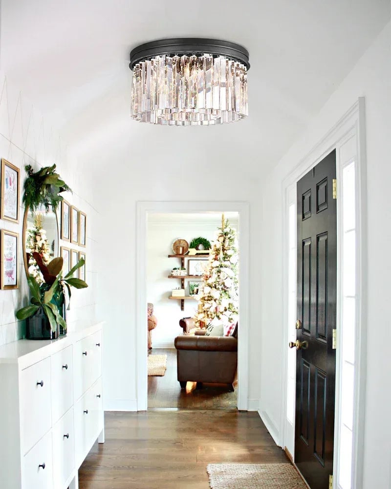 Aurelia Series Prismatic Drum Chandelier | Triple Tier K9 Crystal Pure K9 crystal strips, Premium Gold finish for Grand Foyers and Dining Rooms Flush Mounted Ceiling Lamp