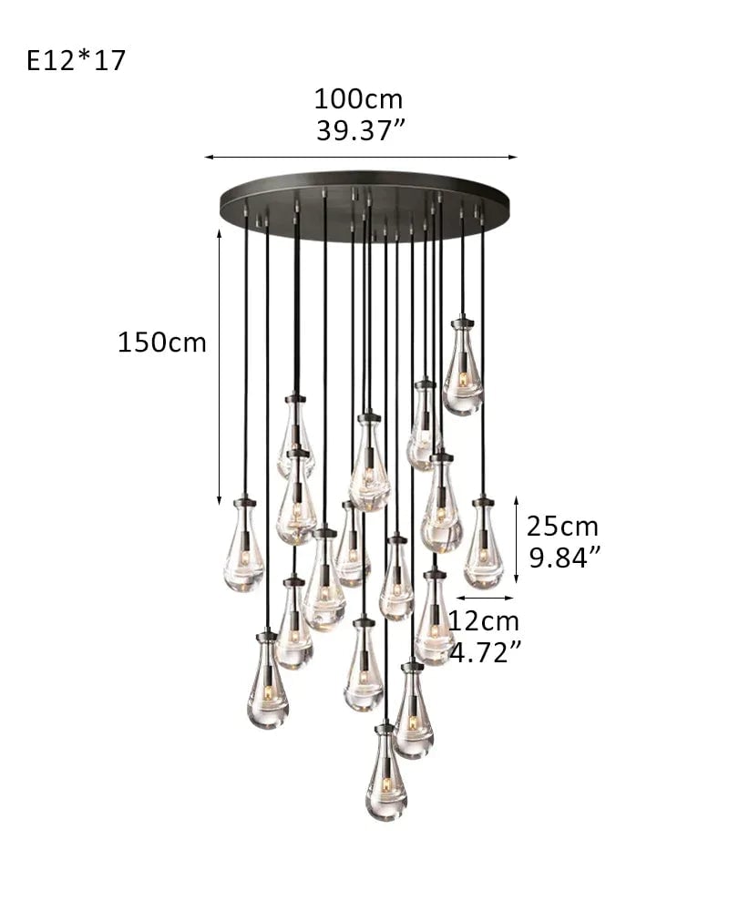 Aveline Series Cascading Chandelier | Linear Floating Raindrop Exquisite Blown Glass and Metal, Premium Metal for Dining Rooms and Kitchen Islands 17-light-D12*H25CM D4.7"*H9.8" Black American chandelier