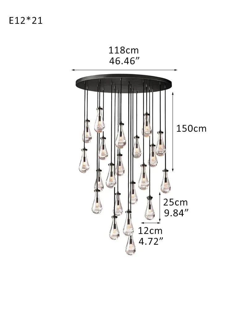Aveline Series Cascading Chandelier | Linear Floating Raindrop Exquisite Blown Glass and Metal, Premium Metal for Dining Rooms and Kitchen Islands 21-light-D12*H25CM D4.7"*H9.8" Black American chandelier