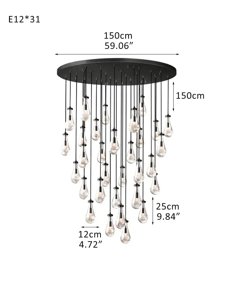 Aveline Series Cascading Chandelier | Linear Floating Raindrop Exquisite Blown Glass and Metal, Premium Metal for Dining Rooms and Kitchen Islands 31-light-D12*H25CM D4.7"*H9.8" Black American chandelier