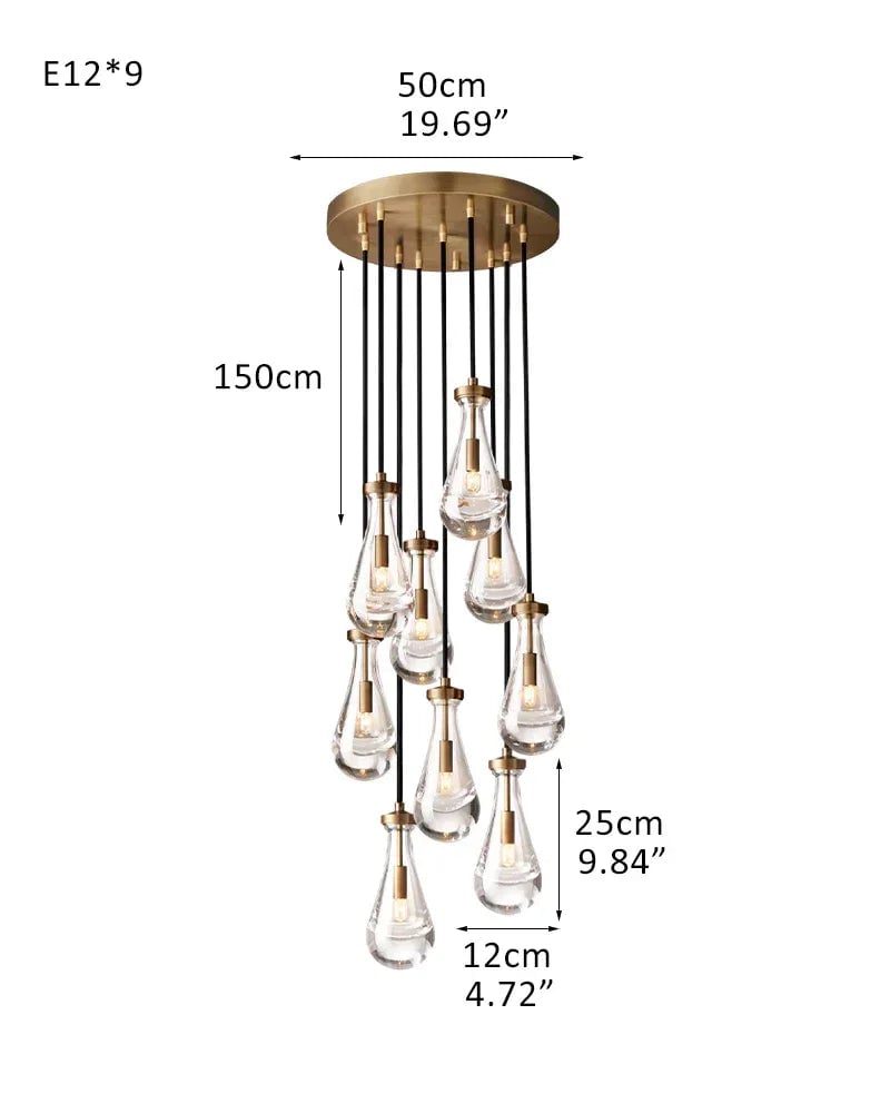 Aveline Series Cascading Cluster Pendant Chandelier | Rainfall Cluster Hand-Blown Glass Raindrops, Vintage Brass for Dining Rooms and Grand Foyers American chandelier