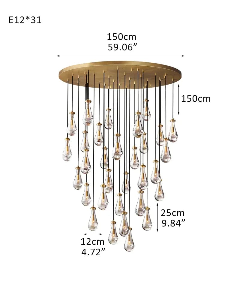 Aveline Series Cascading Cluster Pendant Chandelier | Rainfall Cluster Hand-Blown Glass Raindrops, Vintage Brass for Dining Rooms and Grand Foyers American chandelier