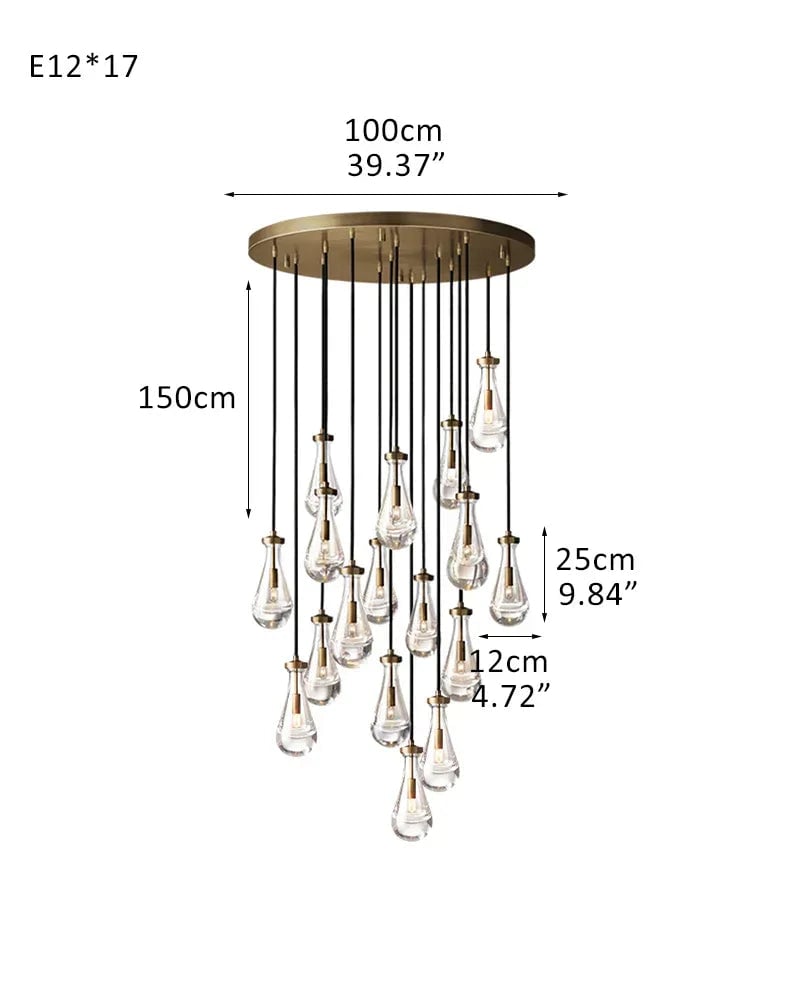 Aveline Series Cascading Cluster Pendant Chandelier | Rainfall Cluster Hand-Blown Glass Raindrops, Vintage Brass for Dining Rooms and Grand Foyers American chandelier