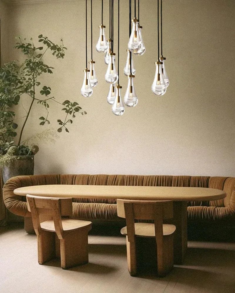 Aveline Series Cascading Cluster Pendant Chandelier | Rainfall Cluster Hand-Blown Glass Raindrops, Vintage Brass for Dining Rooms and Grand Foyers American chandelier