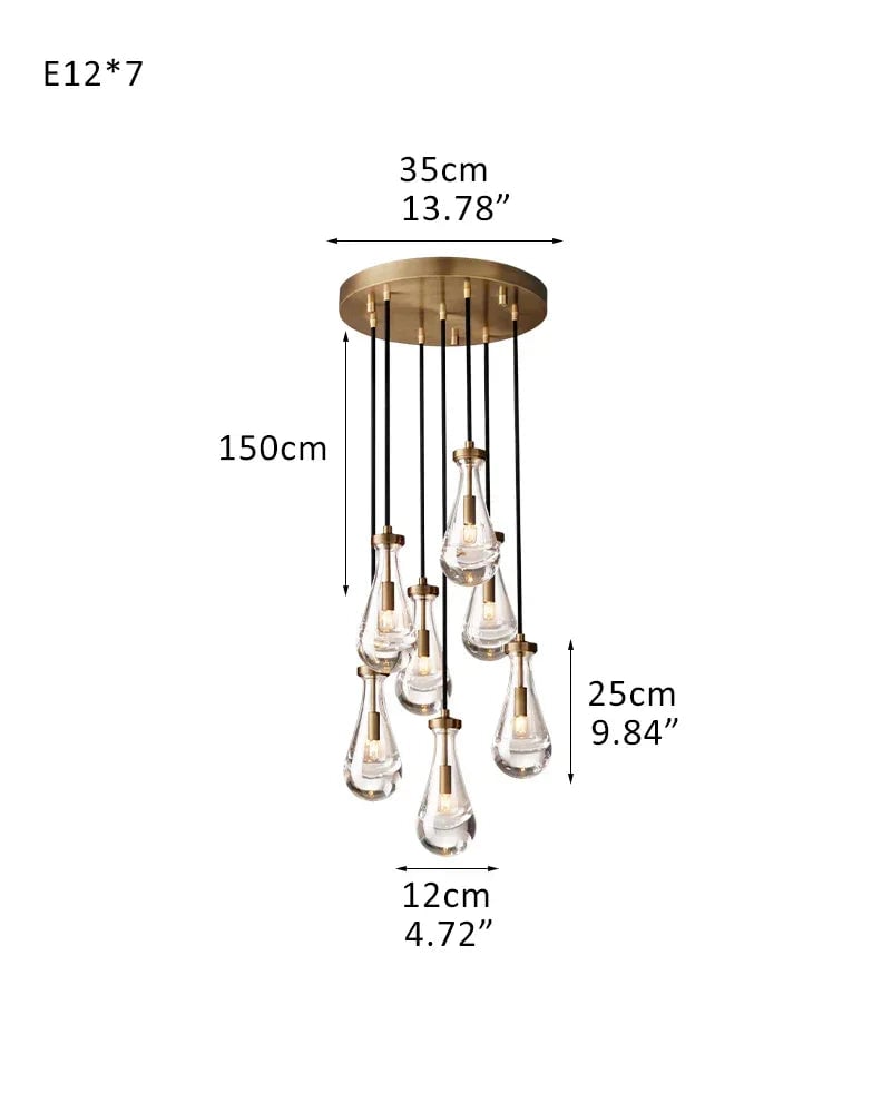 Aveline Series Ethereal Chandelier | Floating Raindrop Hand-Blown Glass and Durable Metal, Premium Metal for Luxury Home Interiors 7-light-D12*H25CM D4.7"*H9.8" Brass American chandelier