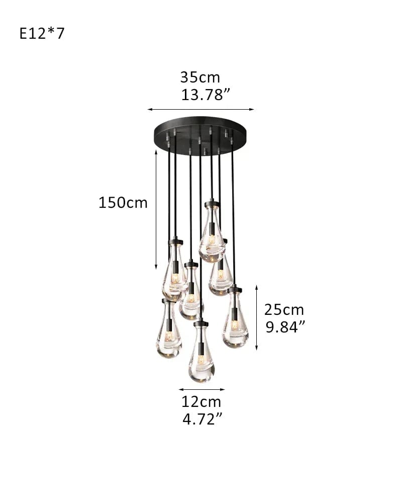Aveline Series Refractive Chandelier | Round Raindrop Blown Glass and Durable Metal, Black finish for Living Rooms 7-light-D12*H25CM D4.7"*H9.8" Black American chandelier