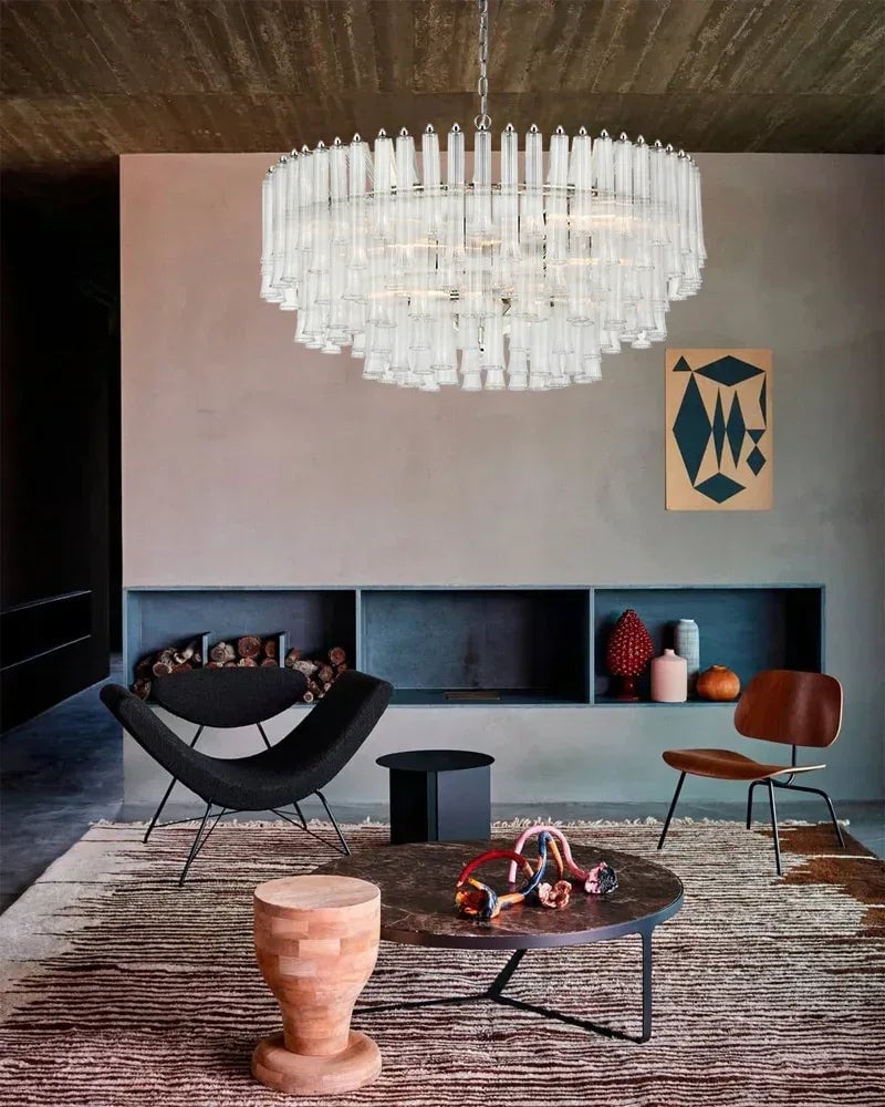 Bellagio Series Cascading Chandelier | Tiered Fluted Glass Clear Ribbed Fluted Glass and Polished Metal, Polished Metal for Glamorous Interiors and Grand Decors American chandelier