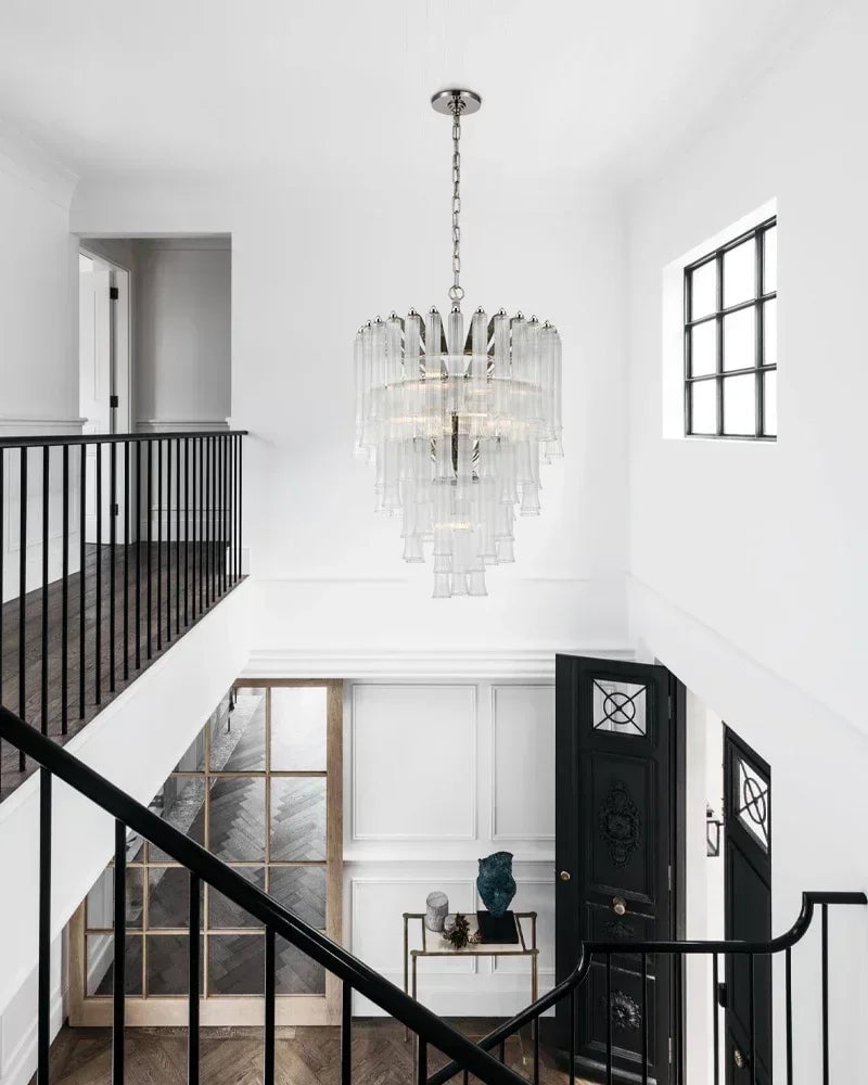 Bellagio Series Cascading Chandelier | Tiered Fluted Glass Clear Ribbed Glass and Polished Metal, Polished Metal for Grand Foyers and Glamorous Interiors American chandelier