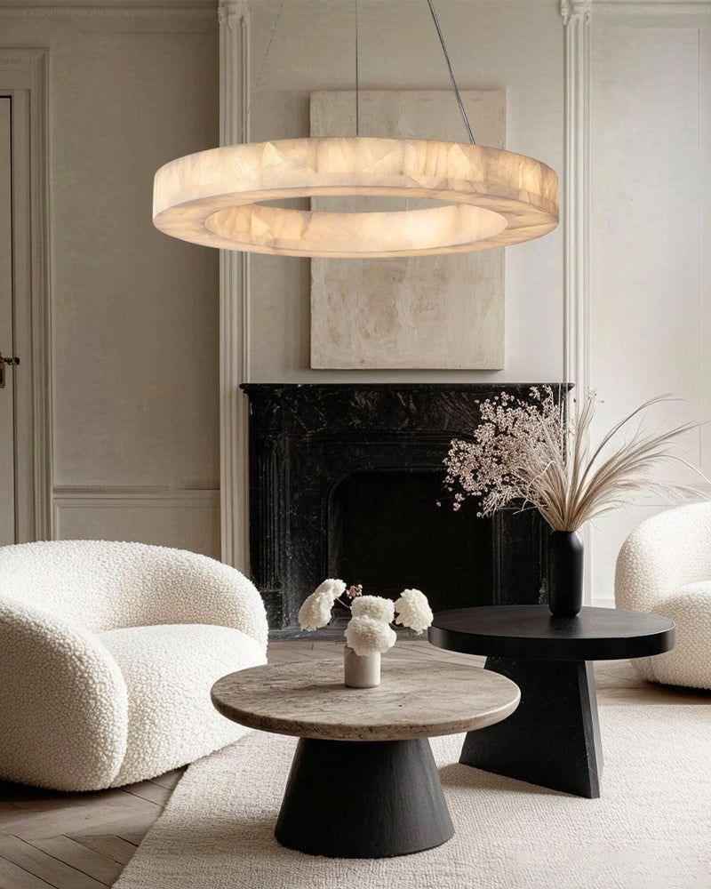 Belleval Series Architectural Chandelier | Modular Tiered Rectangular Solid Spanish white marble rings, Natural Stone finish for Dining Rooms and Grand Living Spaces American chandelier