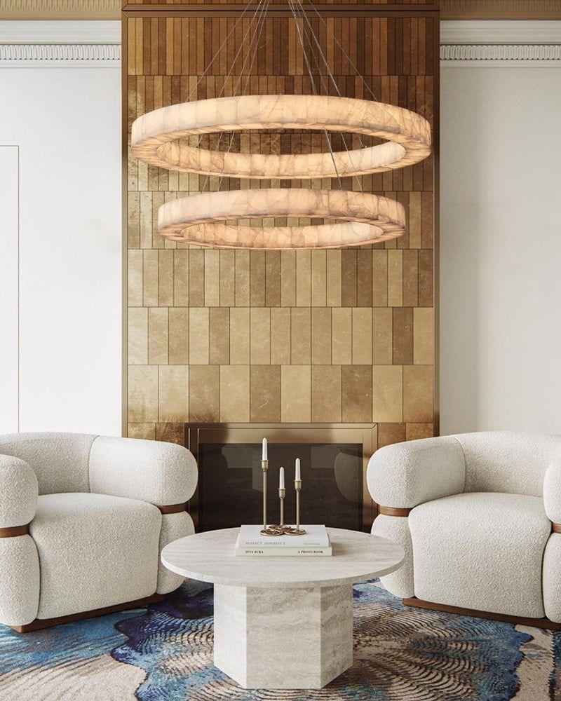 Belleval Series Architectural Chandelier | Modular Tiered Rectangular Solid Spanish white marble rings, Natural Stone finish for Dining Rooms and Grand Living Spaces American chandelier