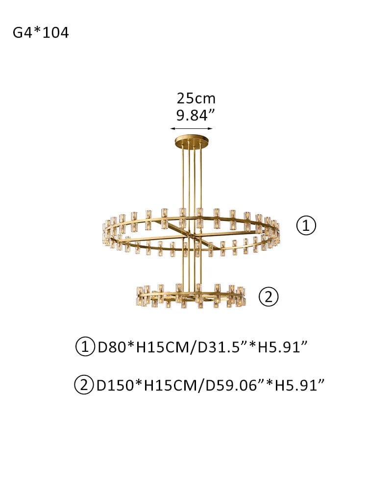 Biarritz Series Grand Chandelier | Double Tier K9 Crystal Superior K9 crystal shades with a robust solid copper frame, Lacquered Brass and Black finish for Grand Foyers, Dining Rooms, and Banquet Halls 104-light-D80+D150 D31.5"+D59.06" Brass American chandelier