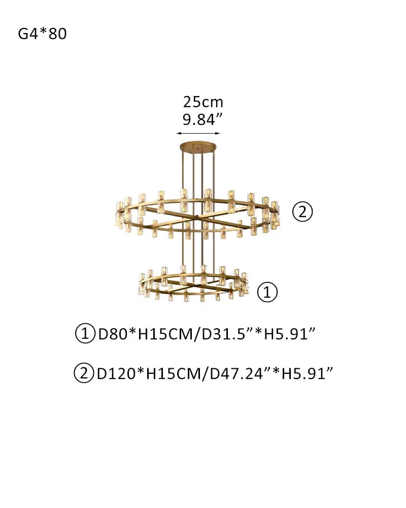 Biarritz Series Grand Chandelier | Double Tier K9 Crystal Superior K9 crystal shades with a robust solid copper frame, Lacquered Brass and Black finish for Grand Foyers, Dining Rooms, and Banquet Halls 80-light-D80+D120 D31.5"+D47.24" Brass American chandelier