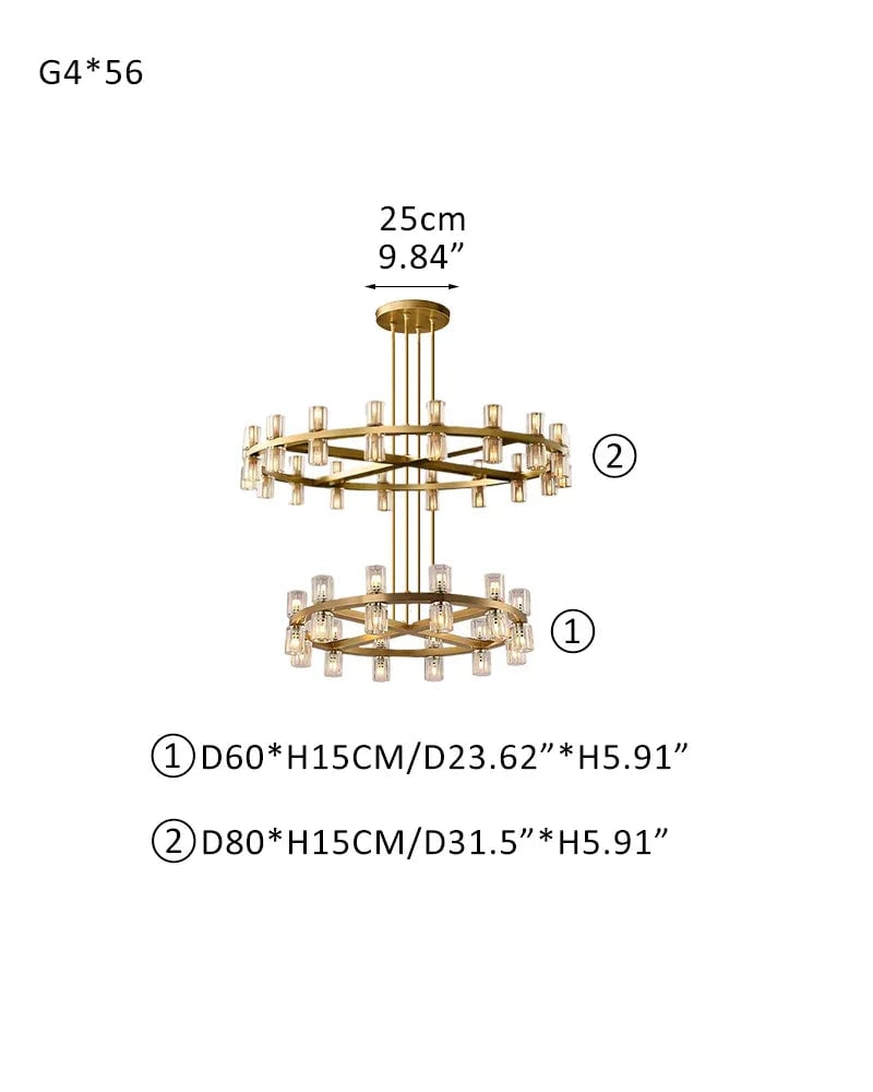 Biarritz Series Grand Chandelier | Double Tier K9 Crystal Superior K9 crystal shades with a robust solid copper frame, Lacquered Brass and Black finish for Grand Foyers, Dining Rooms, and Banquet Halls 56-light-D60+D80 D23.62"+D31.5" Brass American chandelier