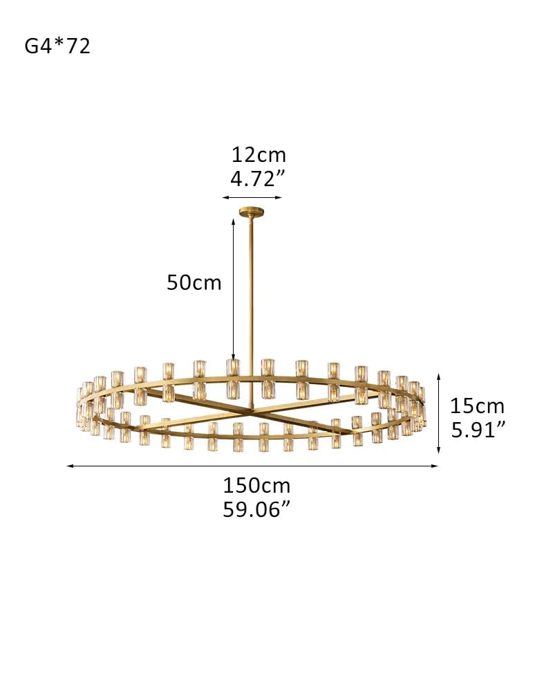 Biarritz Series Prismatic Chandelier | Cylinder Crystal Superior K9 crystal shades with robust solid copper frame, Luxe Brass and Black finish for Living rooms, dining areas, hotels, and banquet halls 72-light-D150*H15CM D59.06"*H5.91" Brass American chandelier
