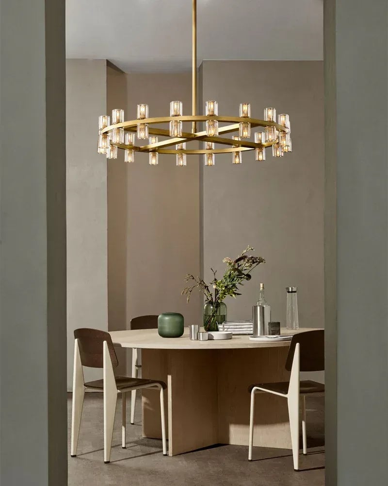 Biarritz Series Prismatic Chandelier | Cylinder Crystal Superior K9 crystal shades with robust solid copper frame, Luxe Brass and Black finish for Living rooms, dining areas, hotels, and banquet halls American chandelier