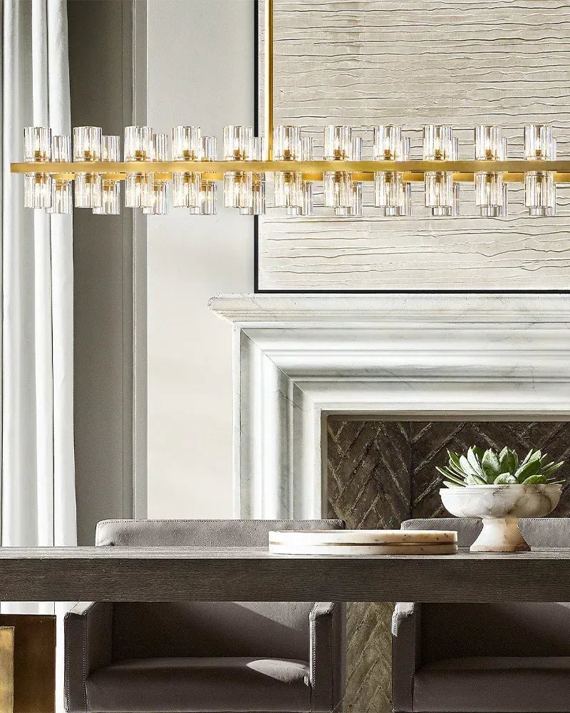 Biarritz Series Prismatic Chandelier | Cylinder Crystal Superior K9 crystal shades with robust solid copper frame, Luxe Brass and Black finish for Living rooms, dining areas, hotels, and banquet halls American chandelier