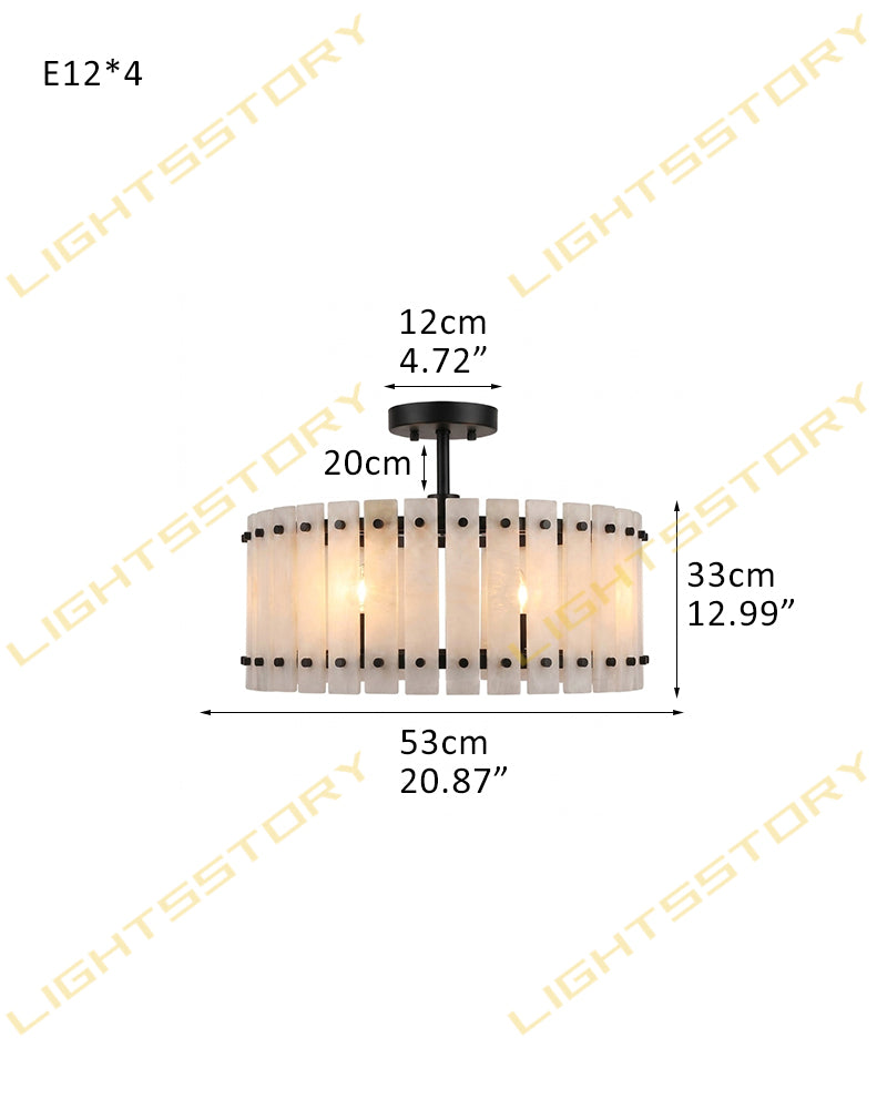 Burton Alabaster Gold Studded Panel Drum Ceiling Light - Natural Spanish Alabaster Panels, Semi Flush Mount, Lux Gold Trim - Bedrooms, Living Rooms & Dining Rooms