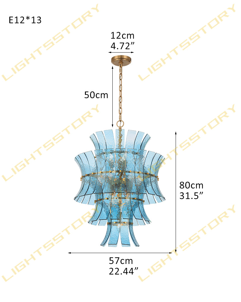 Ghiaccio Glass Azure Blue Cascade Multi Tiered Waterfall Chandelier - Heritage Brass Trim - Living Room & Dining Room