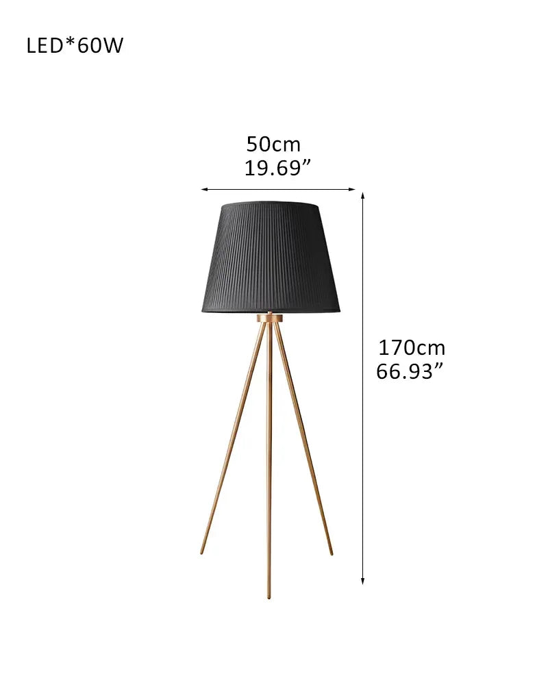 LightsStory Series Geometric Floor Lamp | Tripod Base Textured linen shade with durable metal frame, Brass, Black, and Silver finishes for Living rooms, bedrooms, and office corners D50*H170CM D19.69"*H66.93" Black Linen + Brass American standing floor lamp