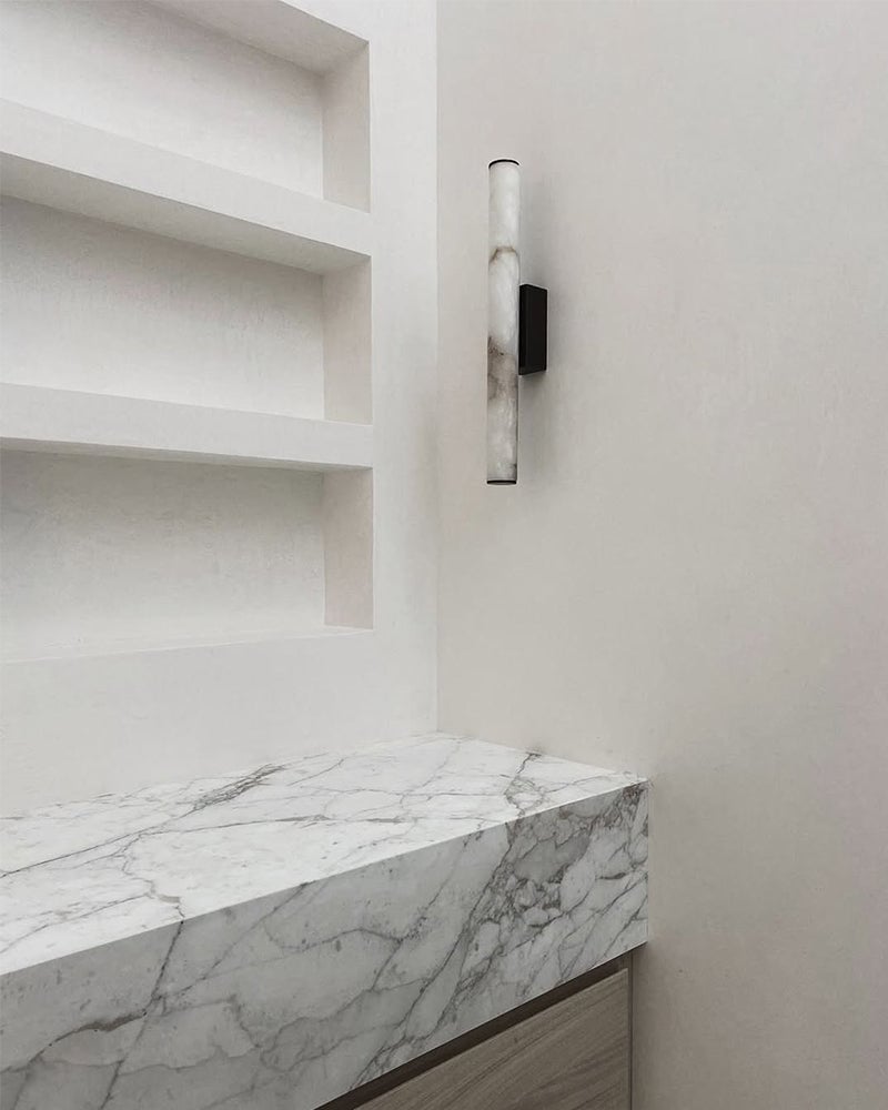 Capri Series Geometric Wall Sconce | Cylindrical Linear Hand-carved Natural Marble, Brass and Black Metal for Hallways, Dining Areas, and Living Spaces Flush Mounted Wall Sconce Lamp