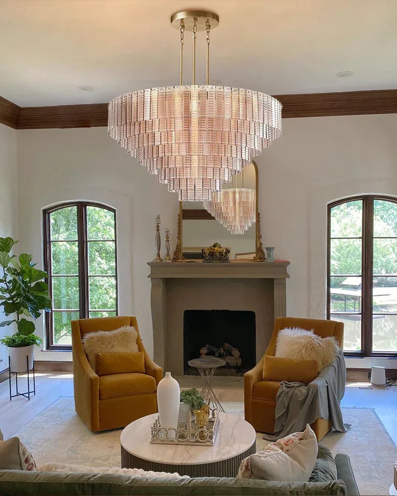 Cassis Series Geometric Chandelier | Concentric Ridged Glass Tiers Hand-crafted Ridged Smoke Glass, Polished Metal Frame for Grand Foyers and Luxury Hotel Lobbies American chandelier